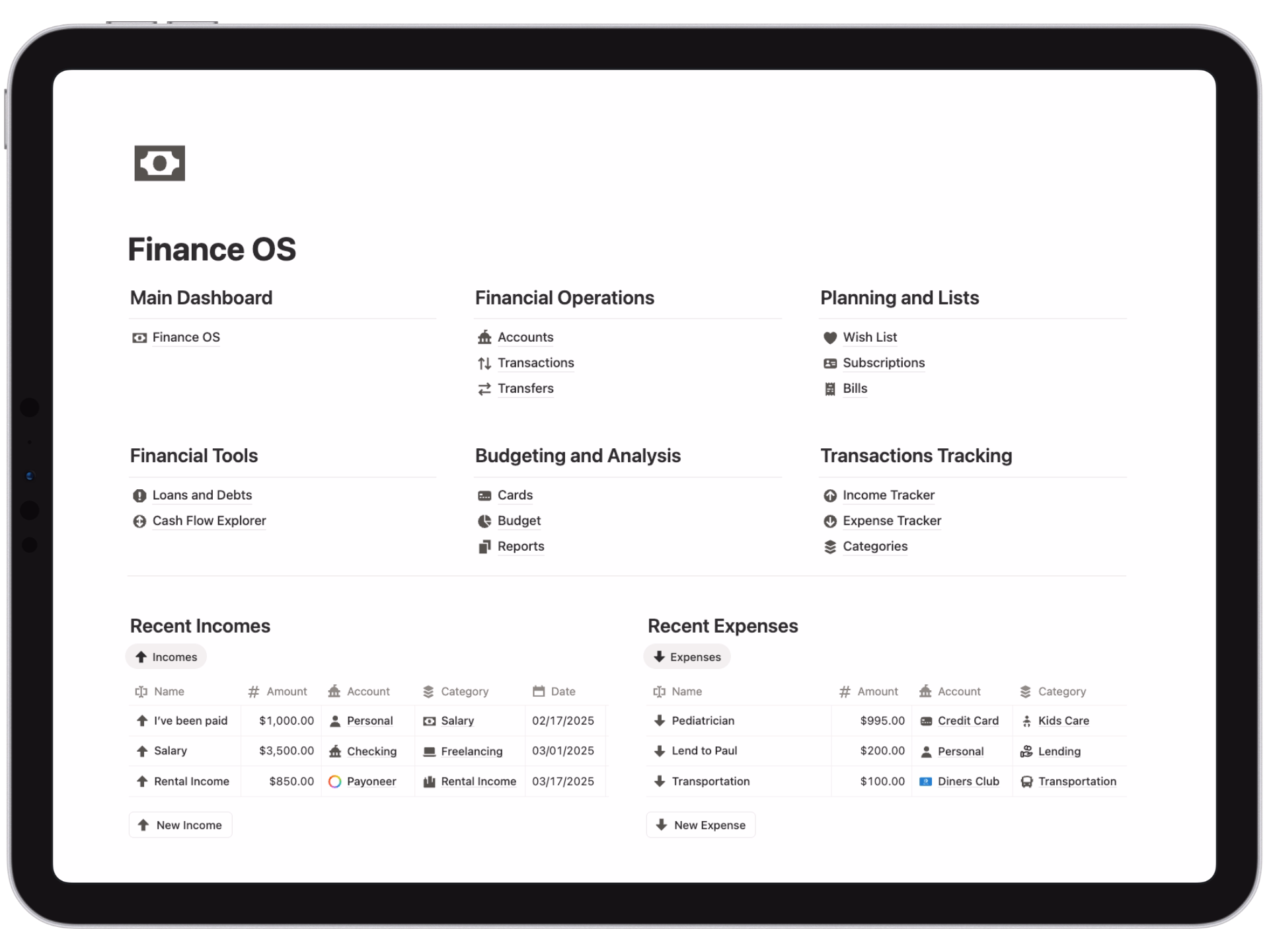 Finance OS Standard Main Menu